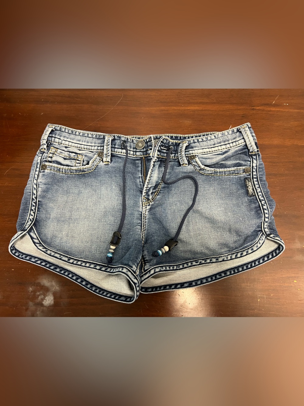 Silver Jeans Aiko Mid Short Light Blue Washed Denim Shorts w Beaded Drawstring